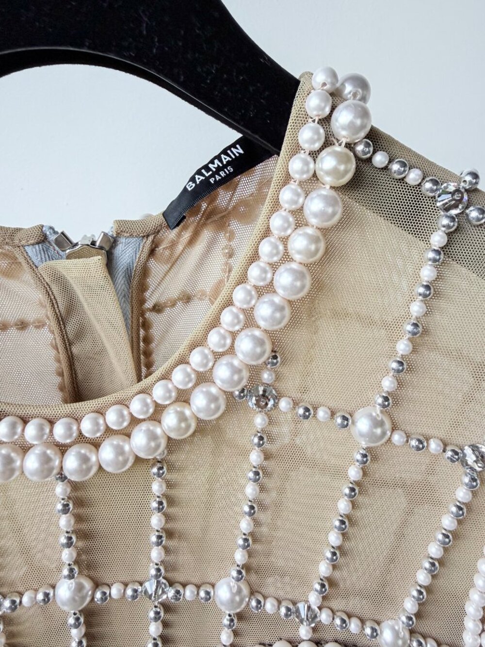 Balmain Pearl and Crystal Embellished Sequin Mini Dress Silver Size FR 38 US 6 - Picture 6 of 14